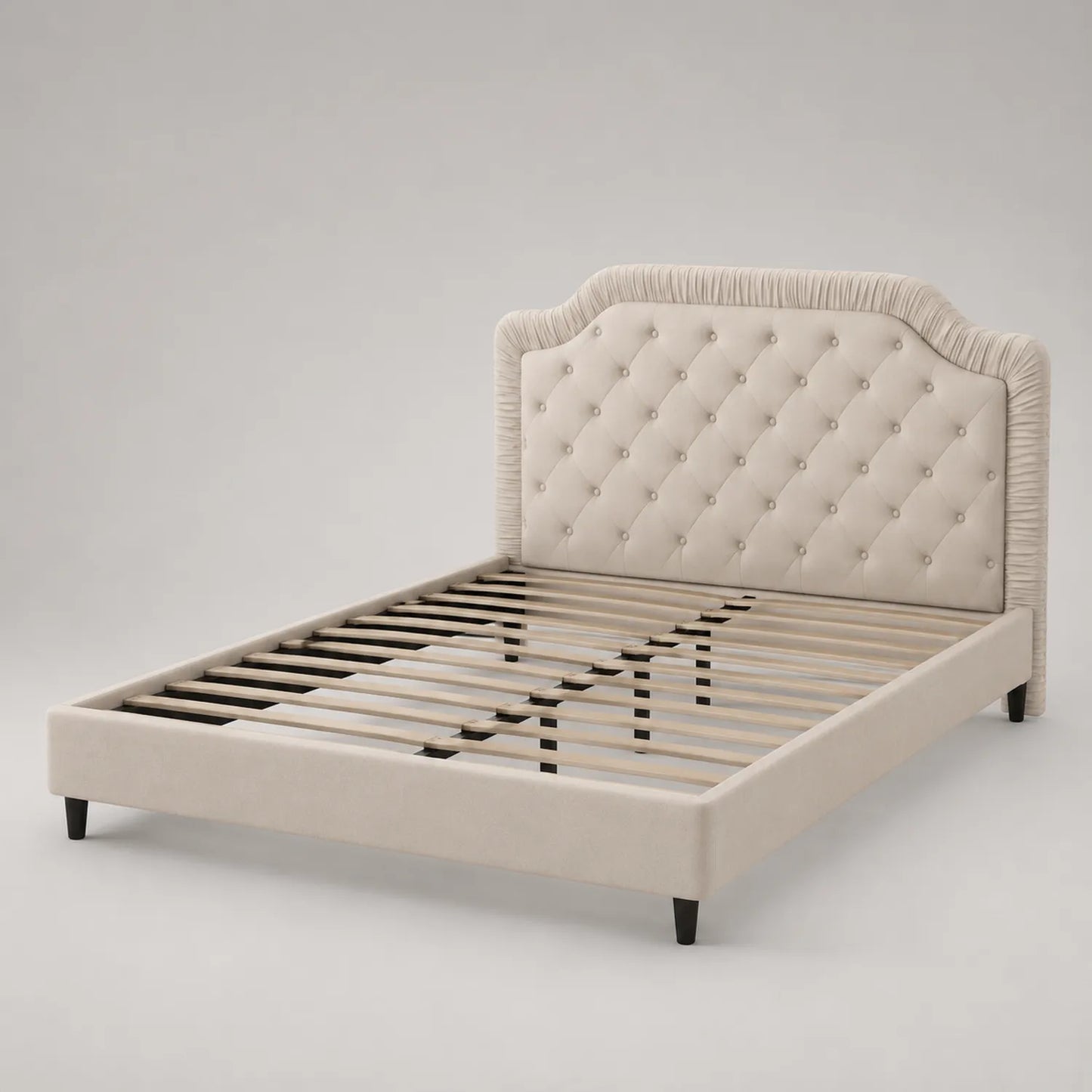 Bettgestell mit gepolstertem Kopfteil aus Holz und Stoff 207x147 cm Beige