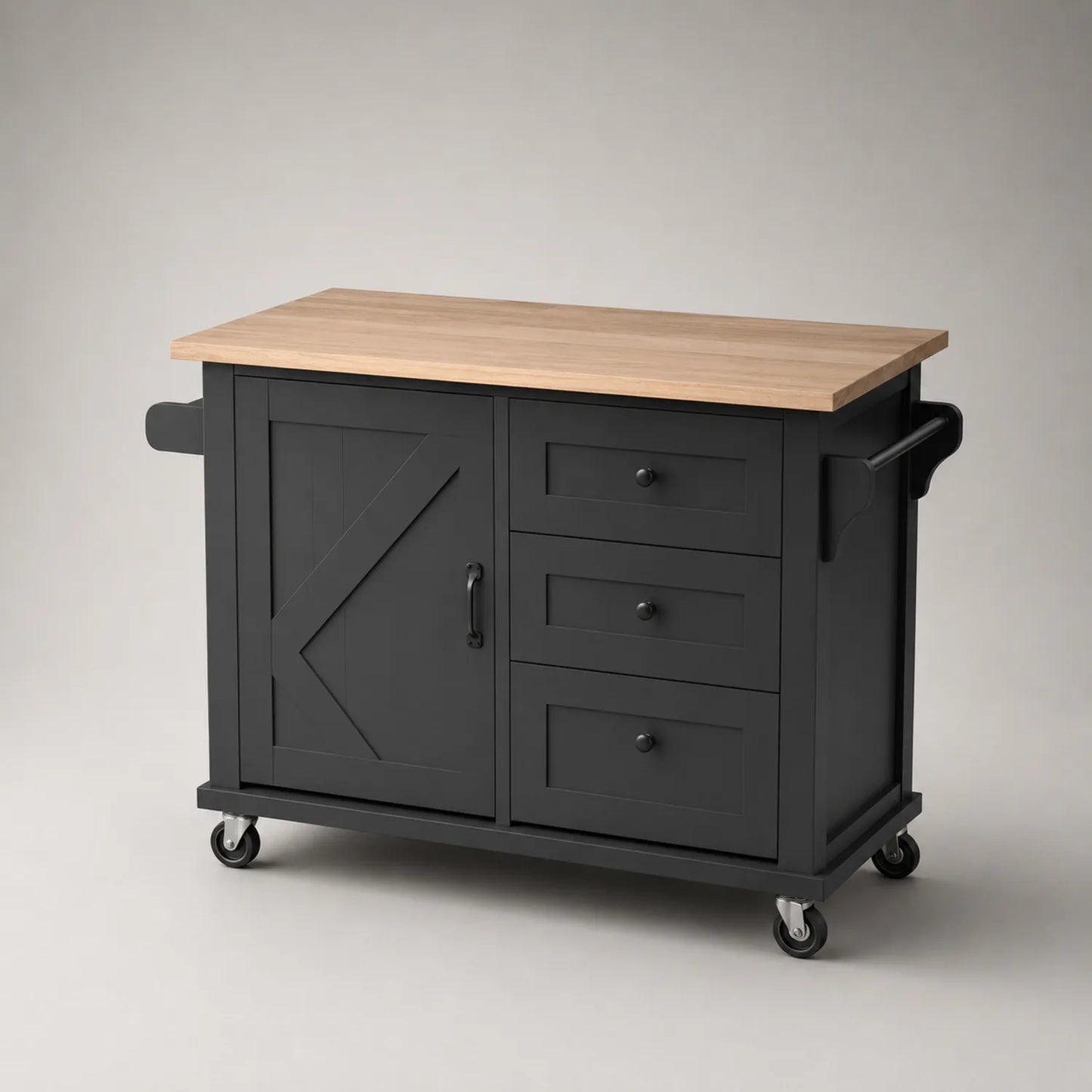 Schwarze Kücheninsel aus Holz und MDF mit Rollrädern