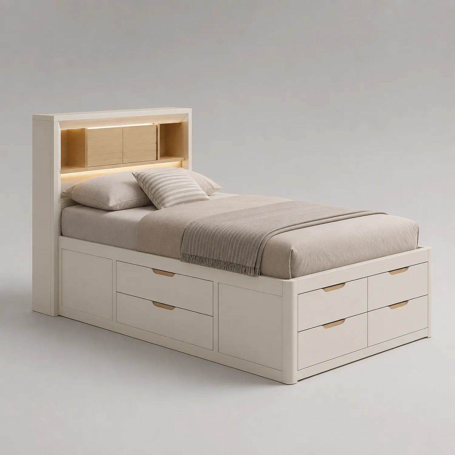 Einzelbett mit Schubladen aus MDF und Massivholz 200x100 cm, Weiß