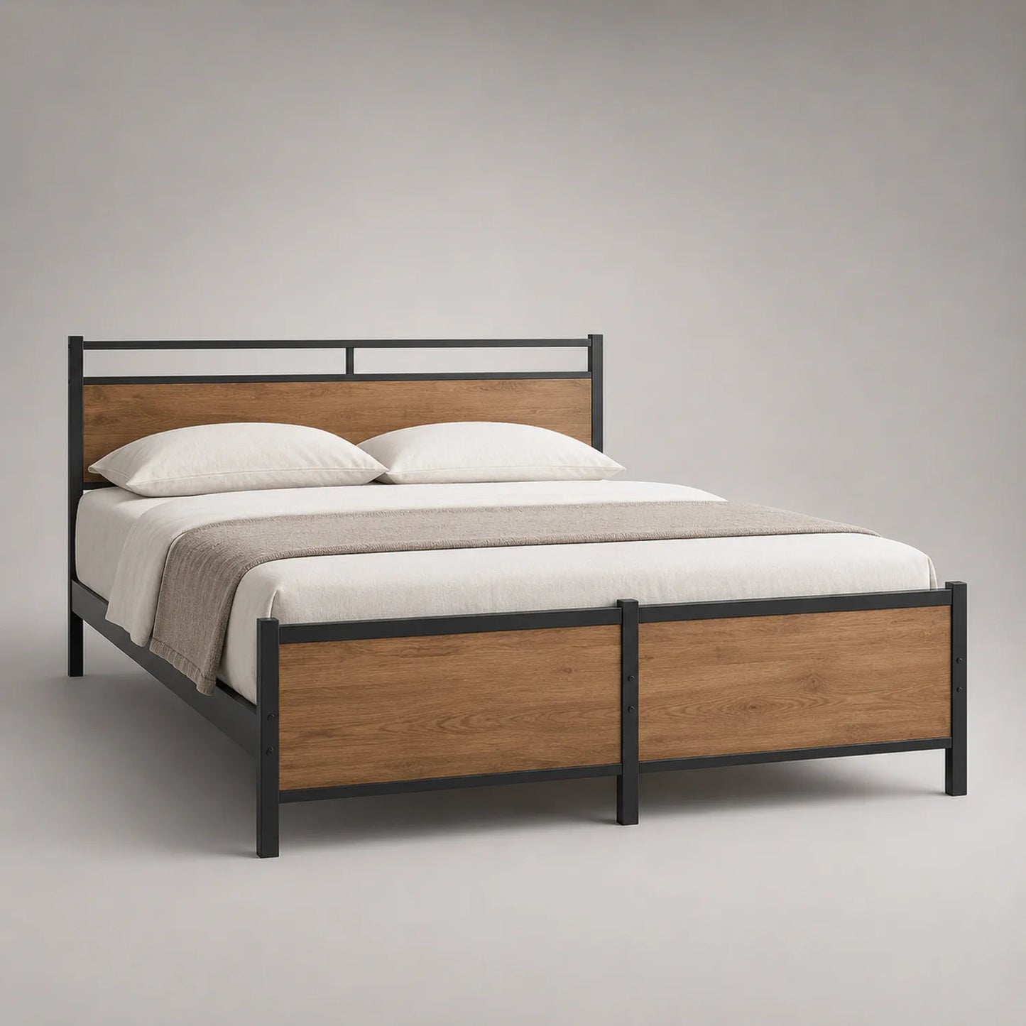 Metall- und Holz-Doppelbett 200x160cm Schwarz/Braun