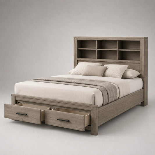 Holz Doppelbett mit Regal-Kopfteil und Aufbewahrungsschubladen 200x160cm