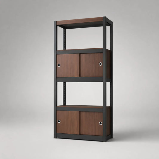 Metall-Bücherregal mit Holzregaltüren 180 cm Schwarz/Braun