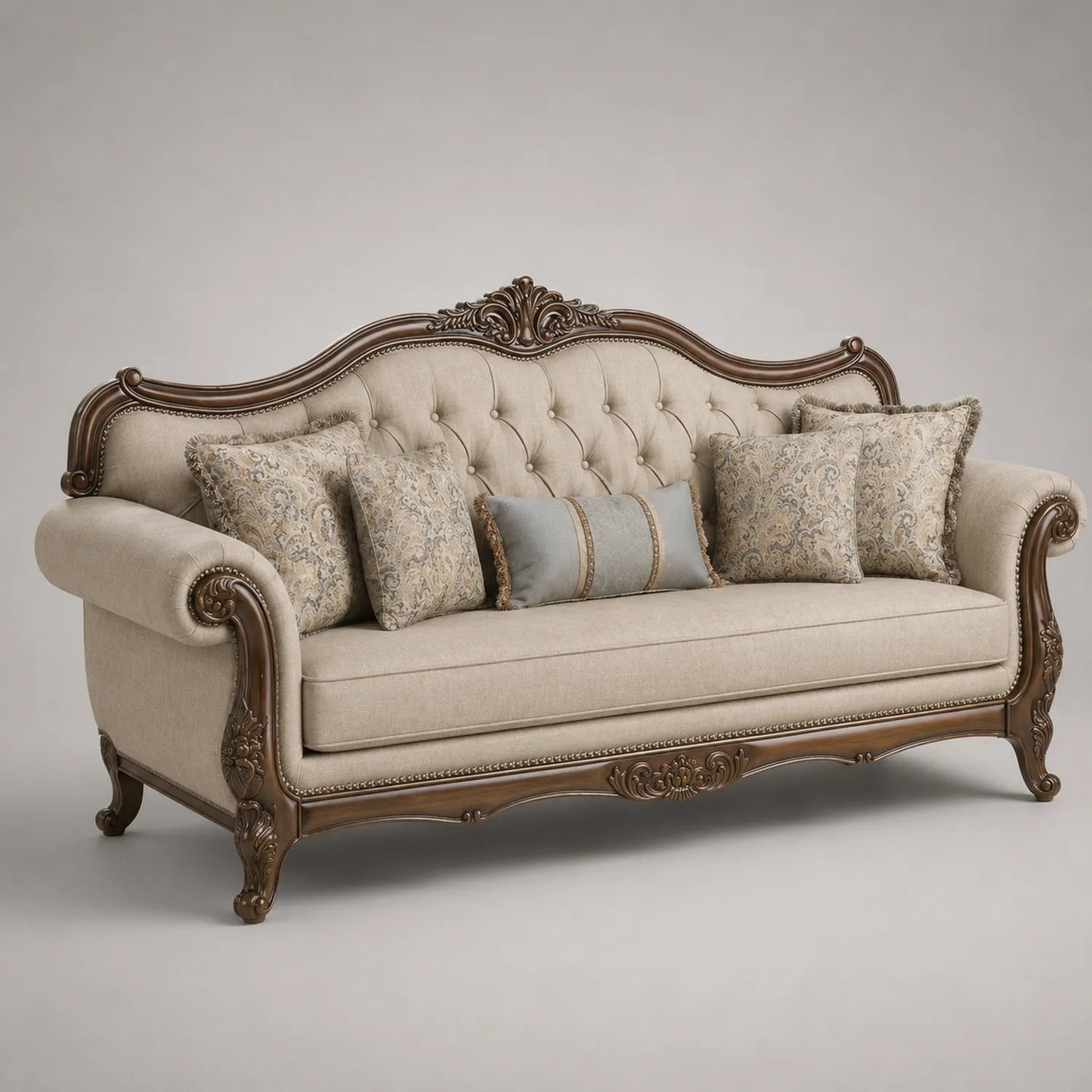 Sofa aus Holz mit Leinenstoff in Beige