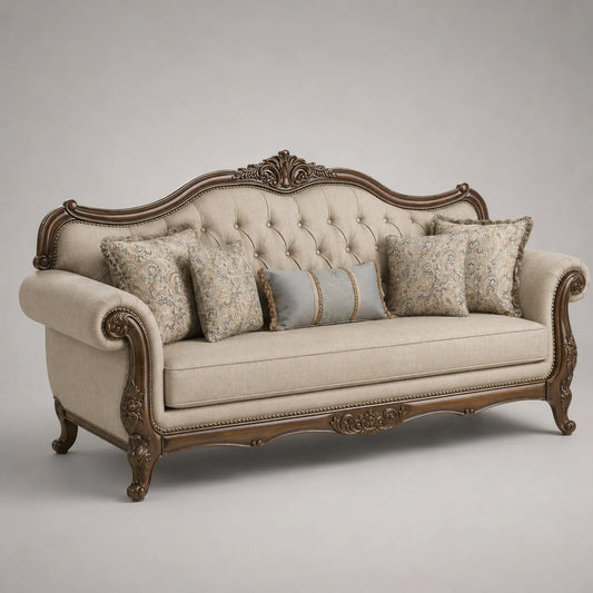 Sofa aus Holz mit Leinenstoff in Beige