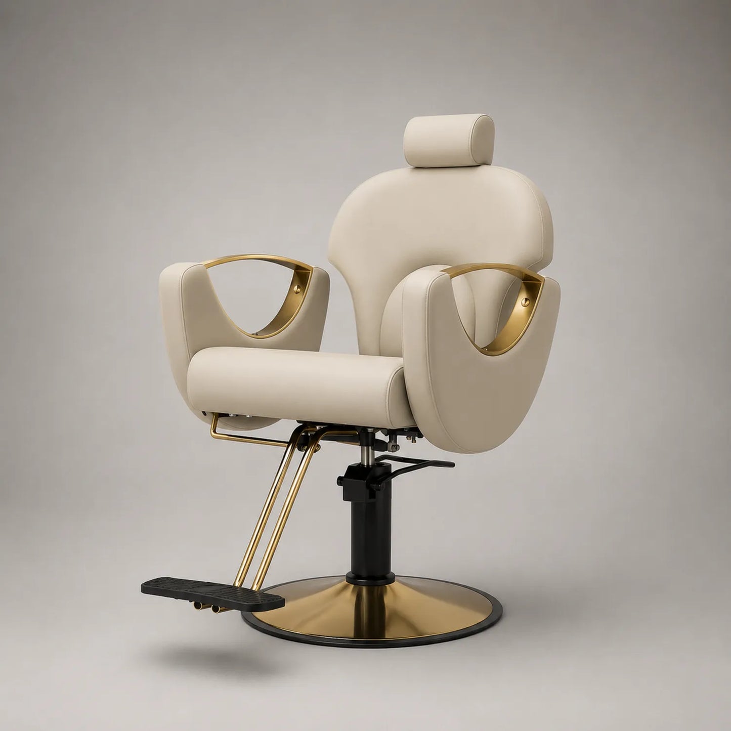 Friseurstuhl aus PU-Leder Beige mit goldenen Elementen und hydraulischer Basis