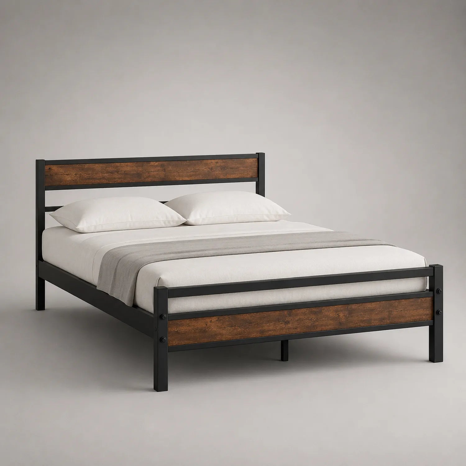 Bett aus Stahl mit Sperrholz Akzenten 140x200 cm Schwarz-Braun