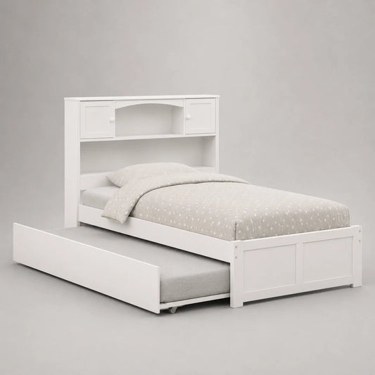 Weißes Holzeinzelbett mit ausziehbarem Bett und Regalaufsatz 200x90 cm